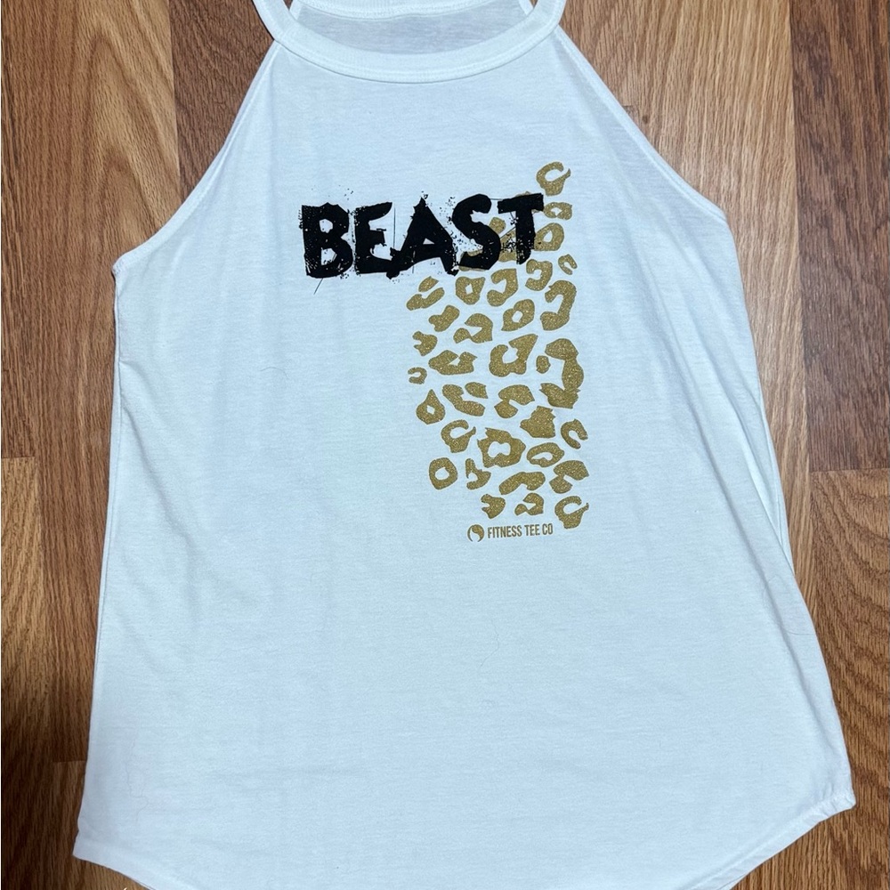 Fitness Tee Co White Tank with Gold Leopard Design